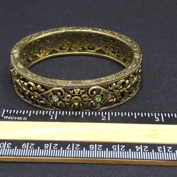 Brass Filigree Purple Green Rhinestone Hinged Bracelet, Magnetic Clasp, 7 Inches - Picture 3 of 8